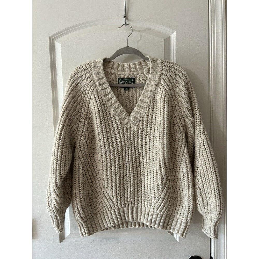 American Eagle Large Chunky Knit Sweater Oatmeal Ribbed V-Neck Fisherman
